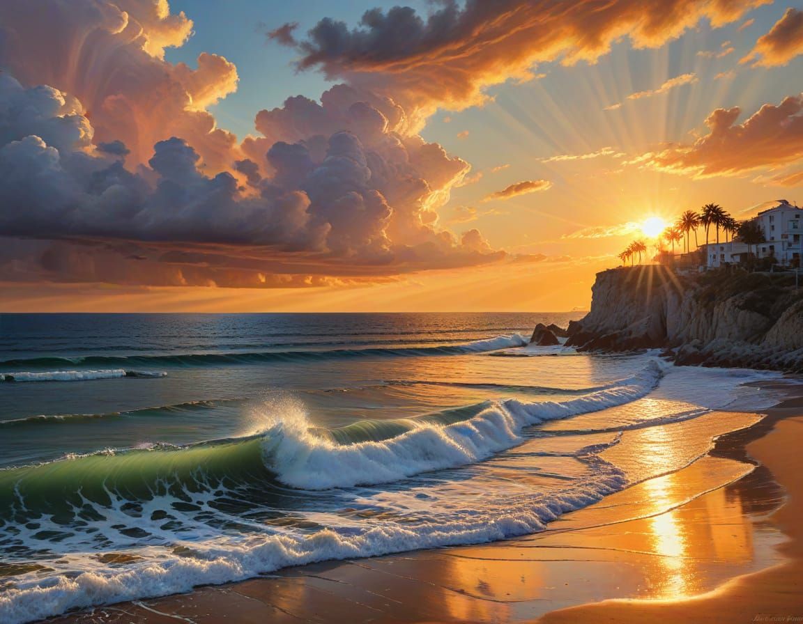 Surreal Realist Oil Painting of Coastal Lighthouse at Sunset