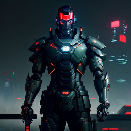 Cyberpunk Samurai Robot Wields Katana in Neon-Drenched Citys...