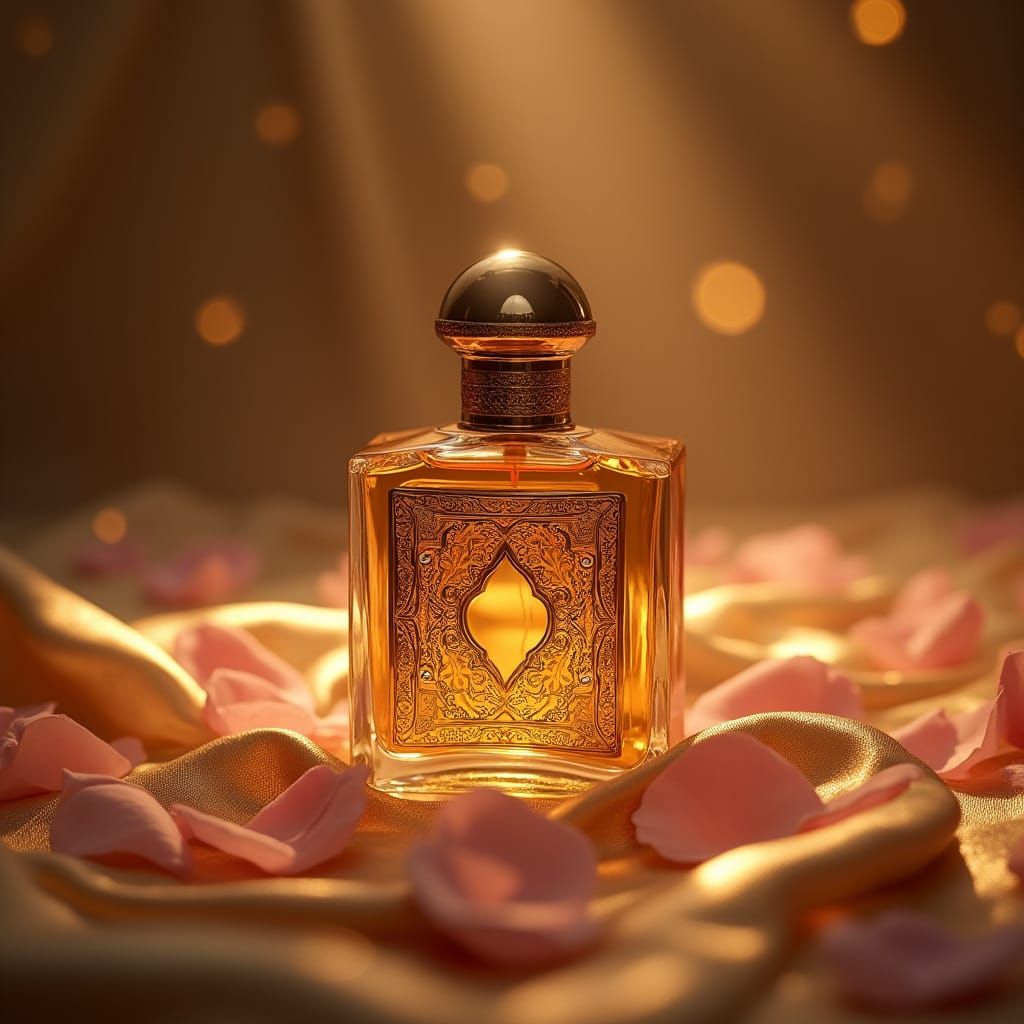 Luxury Perfume Bottle with Rose Petals, Art Nouveau Style