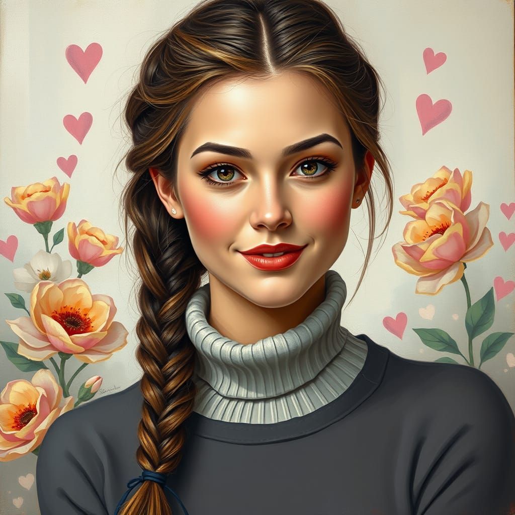 Oil Painting Portrait of Elegant Woman with Dutch Braid