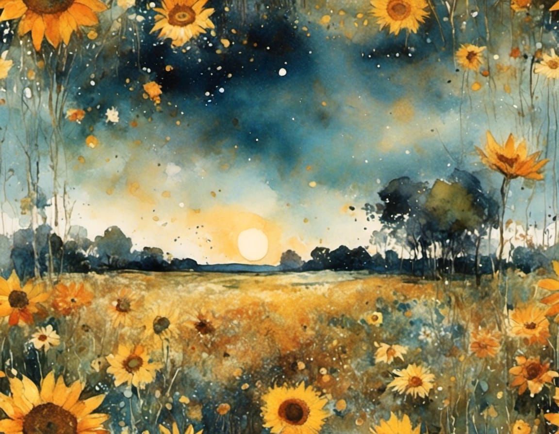 Sunflowers Under Starry Sky in O'Keeffe Style