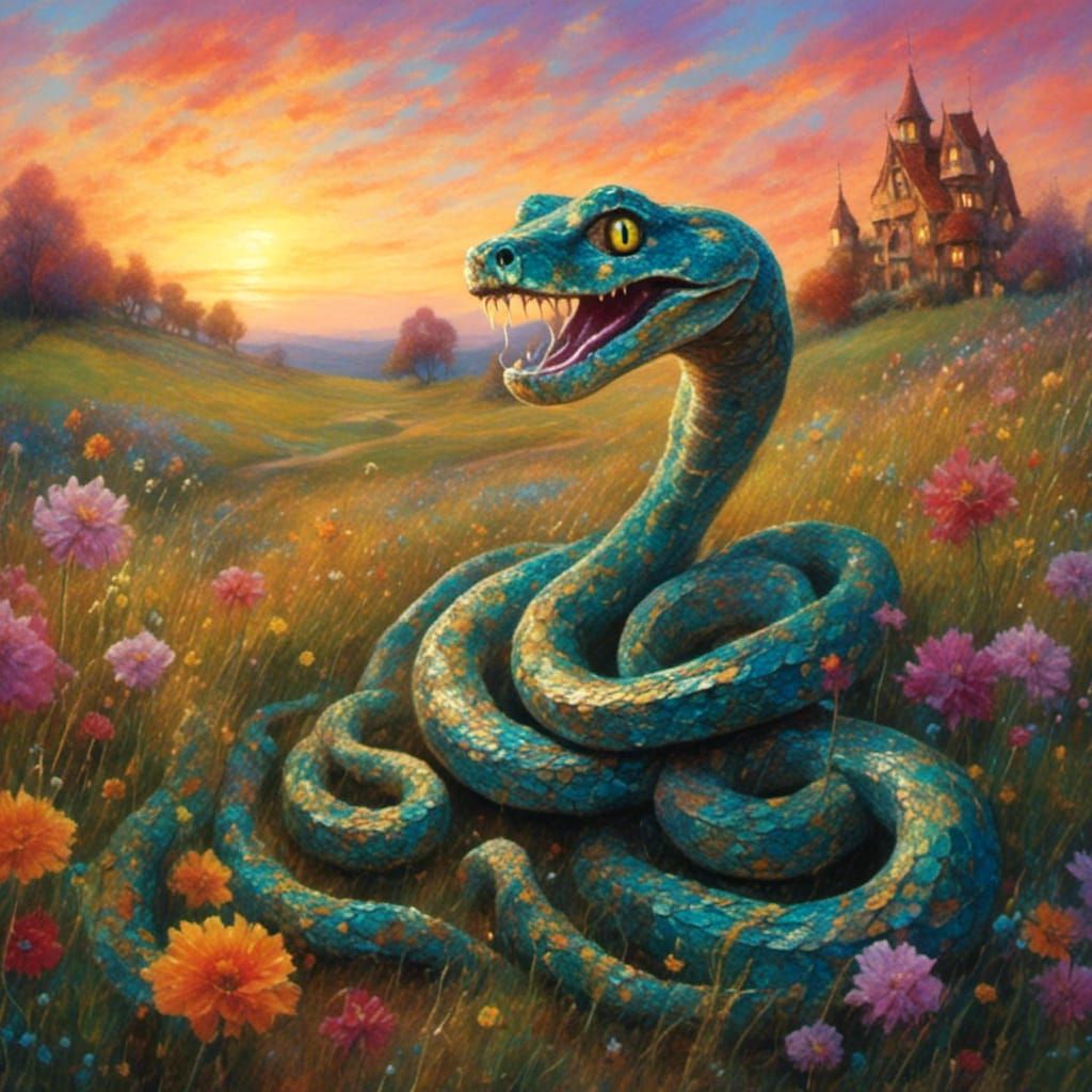 Surreal Snake Portrait in Sunset Meadow