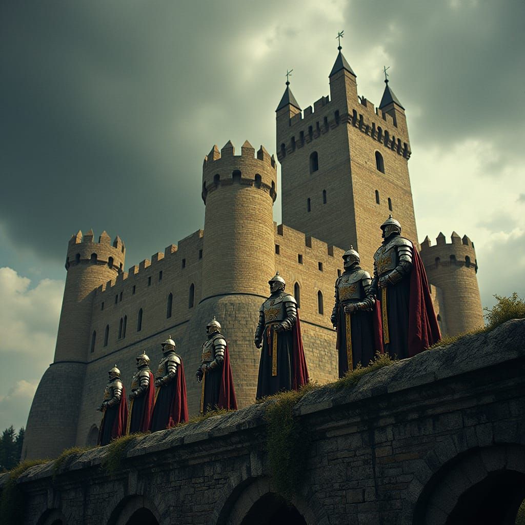 Medieval Castle and Knights in Cinematic Film Still