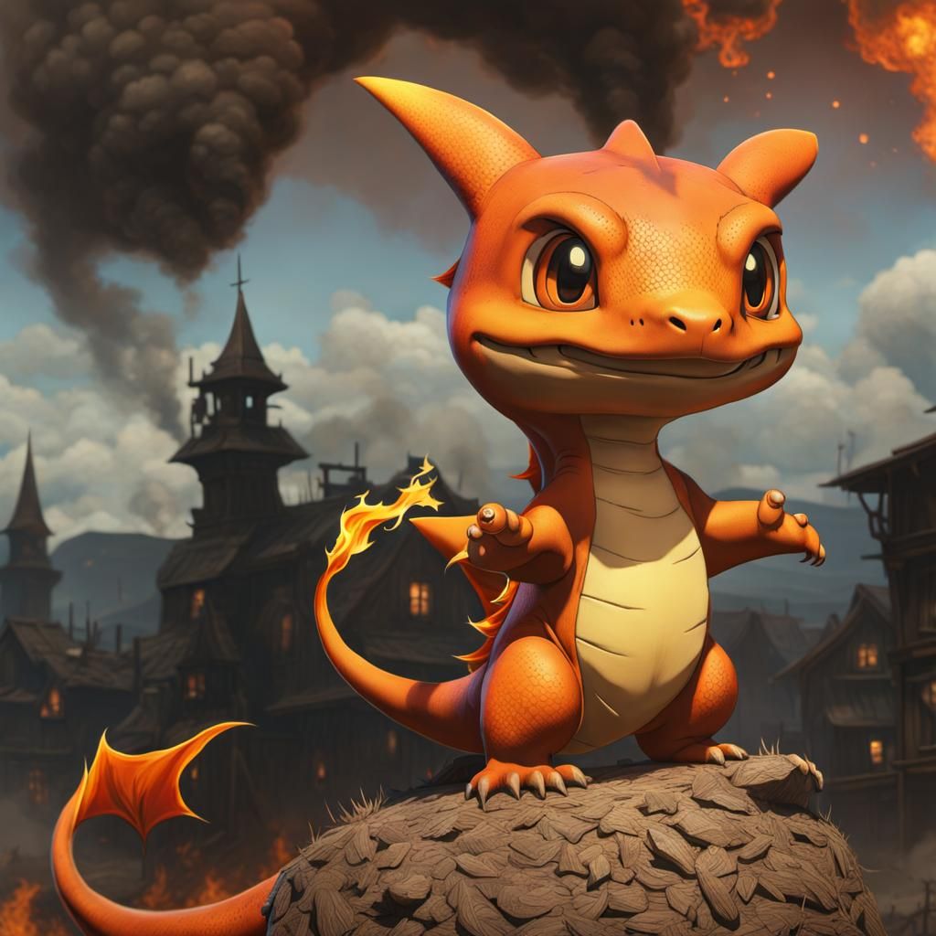 Ominous Charmander in Post-Apocalyptic Burning Village