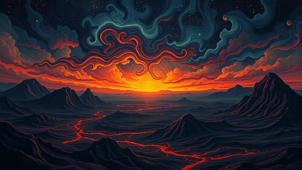 Volcanic Landscape Under Starry Sky in Art Nouveau Style