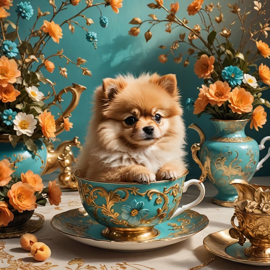 A small Pomeranian Puppy in a Gold teacup with matching Saucer and teapot with intricate floral details on the cup, sauc...