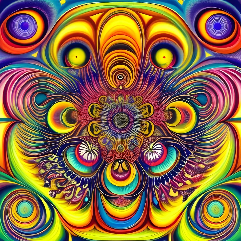 Psychedelic Cats on Fibonacci Dahlia Staircase