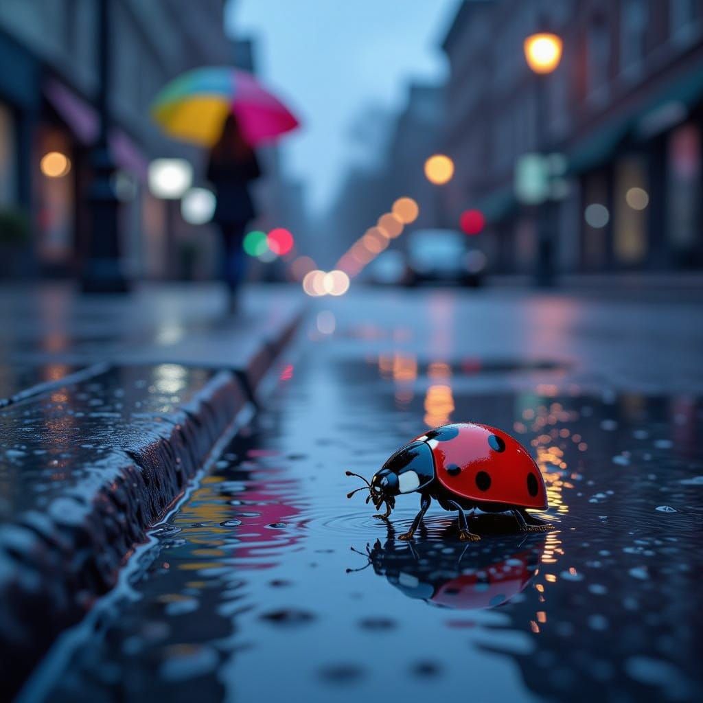 Crimson Ladybug on Granite Curb in Neon Reflections