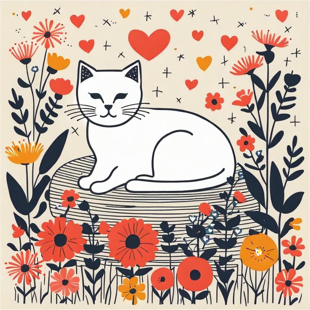 Constructivist Woodcut: Cat with Flowers and Hearts