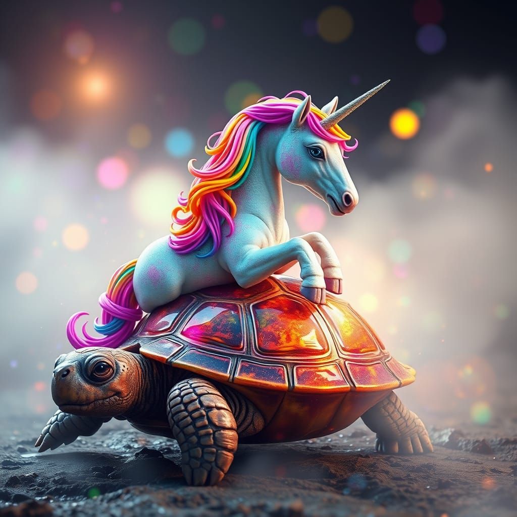 Rainbow Unicorn Rides Holographic Turtle in Whimsical, High-...