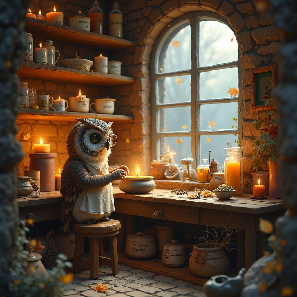 Cozy Owl Candle Maker in Magical Realism Style