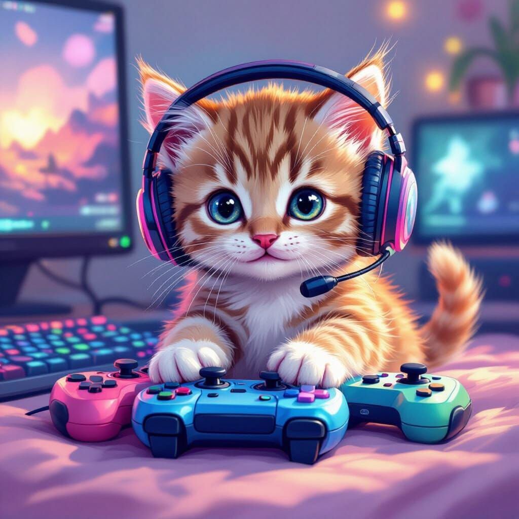 Cute Kitten Immersed in Gaming World: Digital Art