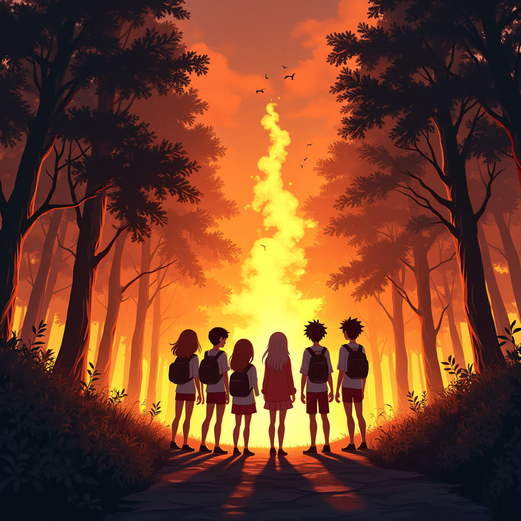 Forest Ablaze: Friends Witnessing the Inferno in Anime Style