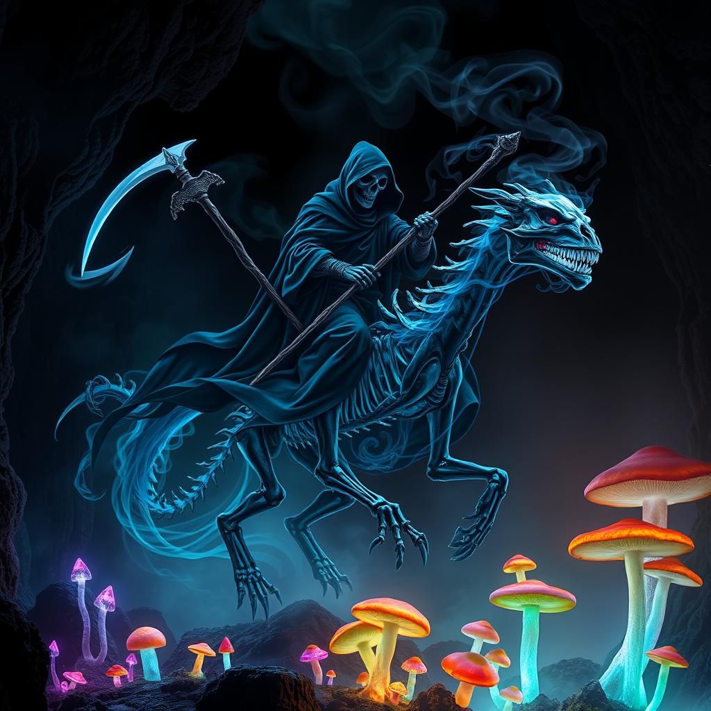 Grim Reaper Rides a Dragon in a Neon Cave