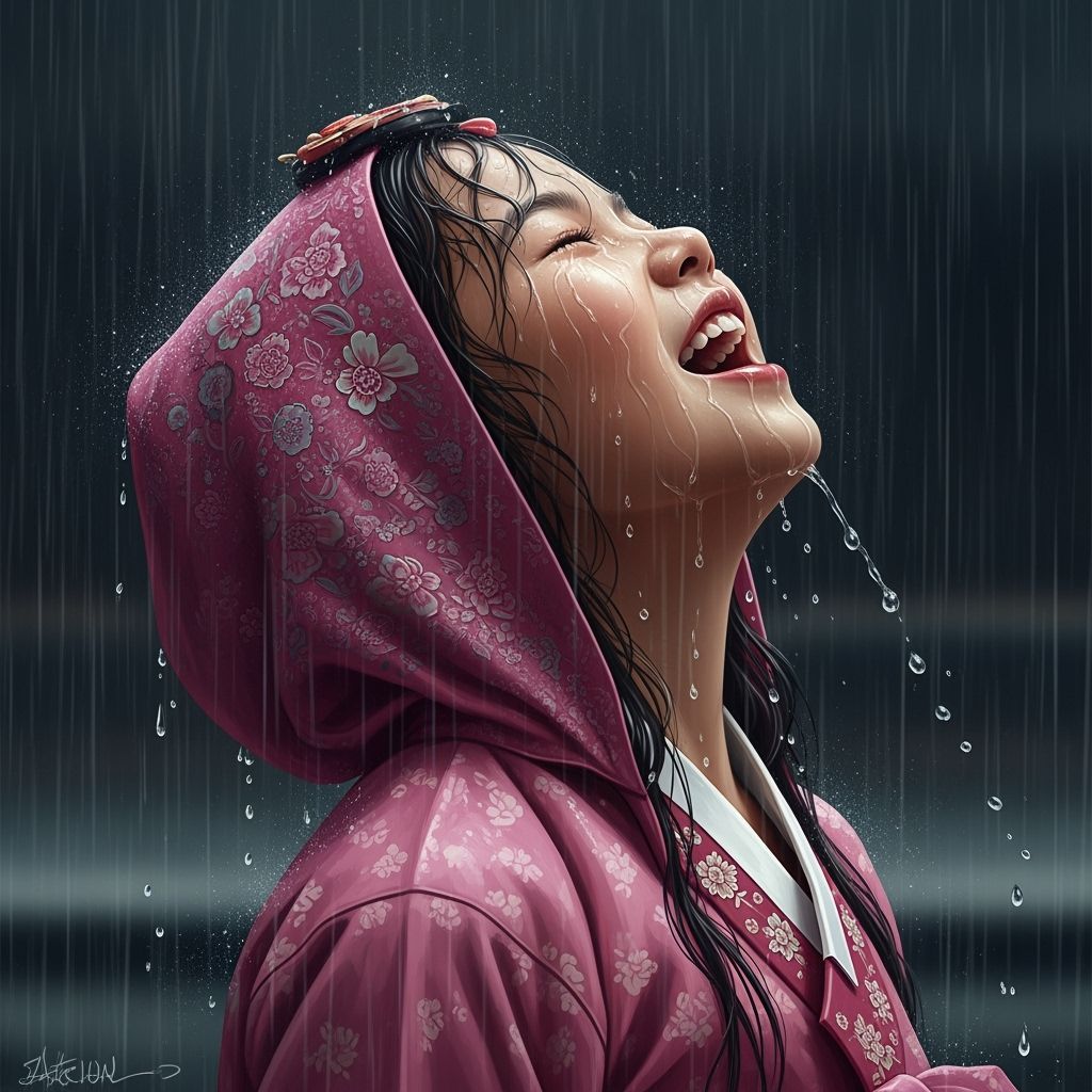 Girl in Hanbok Enjoys Rain, Photorealistic Style