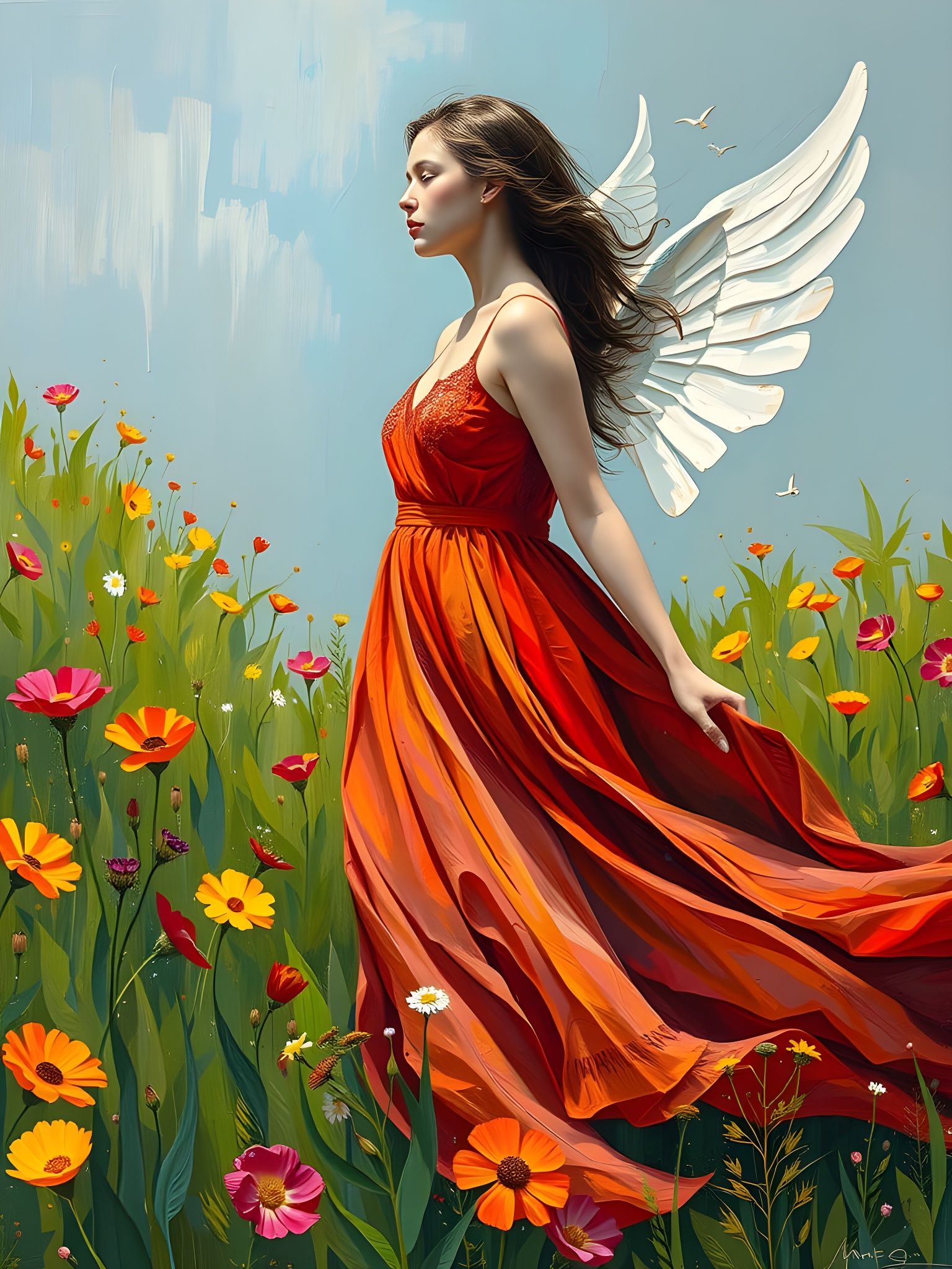 Vibrant Angel in a Whimsical Wildflower Meadow