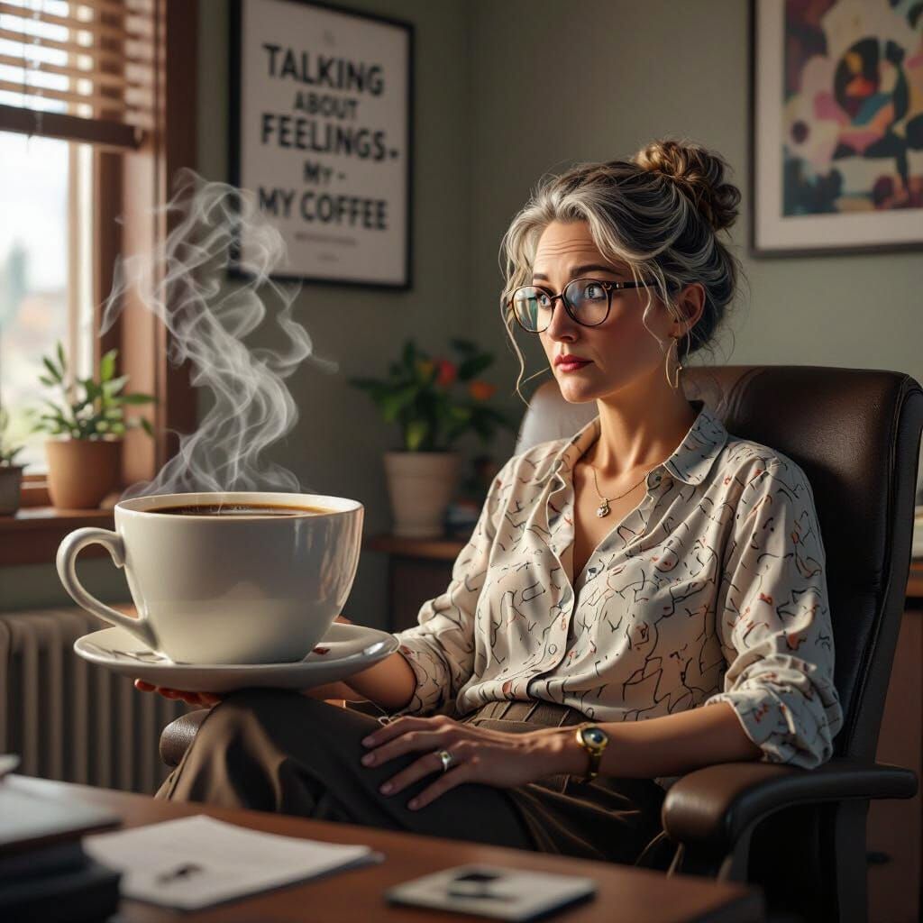 Tired Psychotherapist in Cozy Office, Matte Painting Style