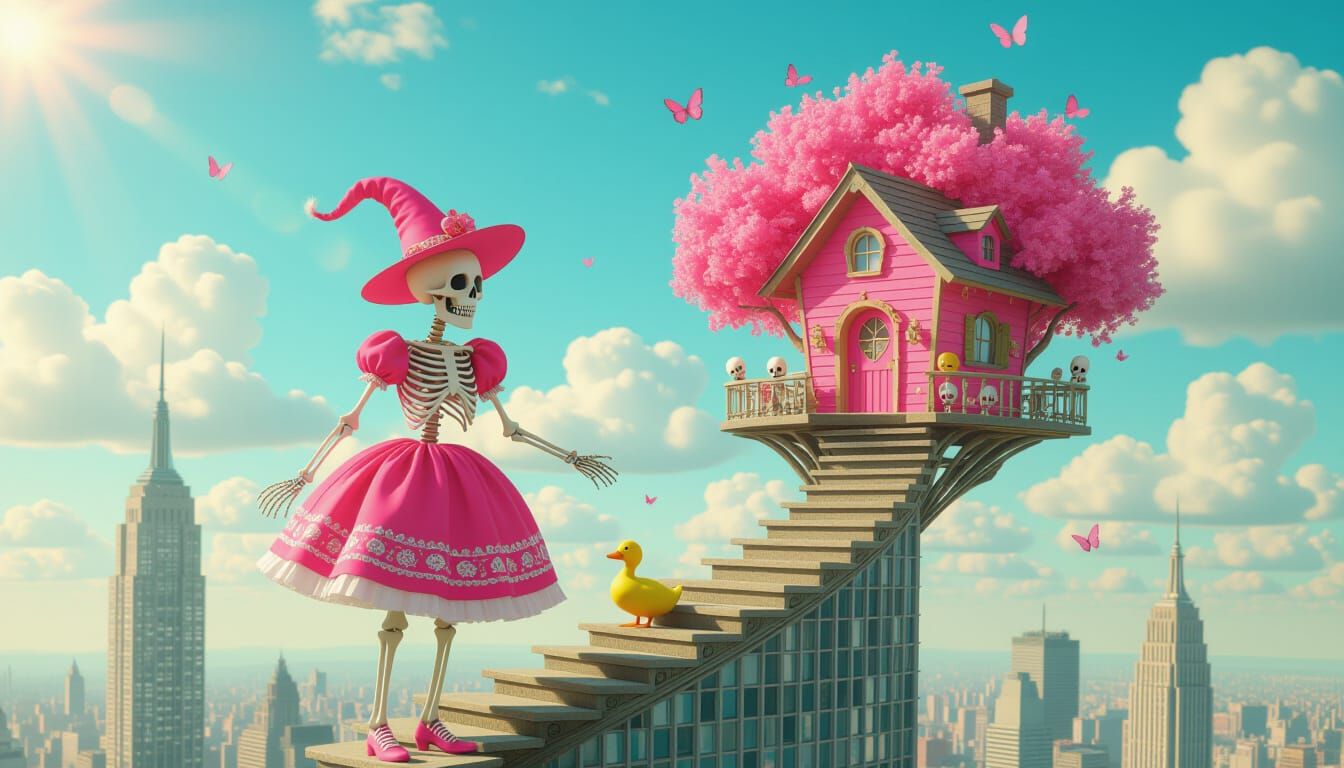 Whimsical Skeleton Gazing at Infinite Staircase, 3D Rendered