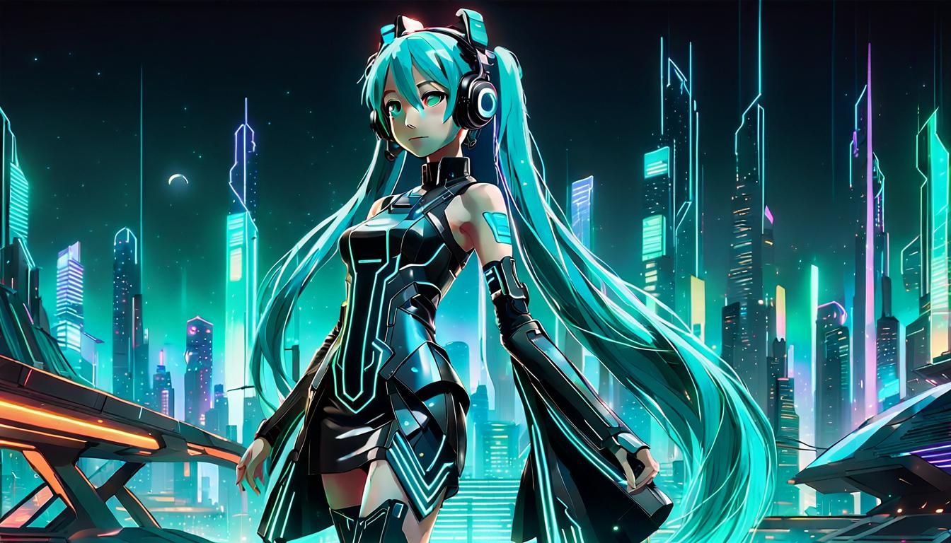 Hatsune Miku in a Retro-Futuristic Cityscape