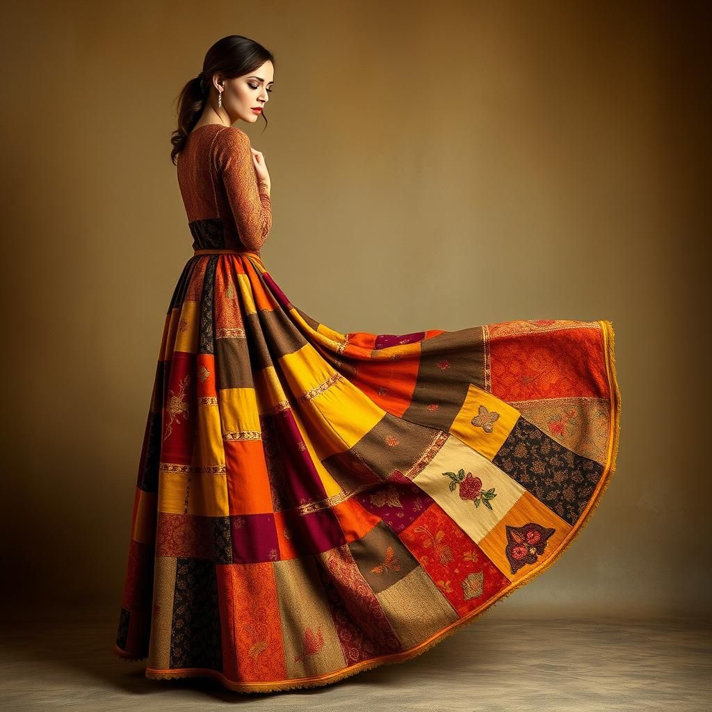 Autumn Woman in Folk Art Patchwork Dress