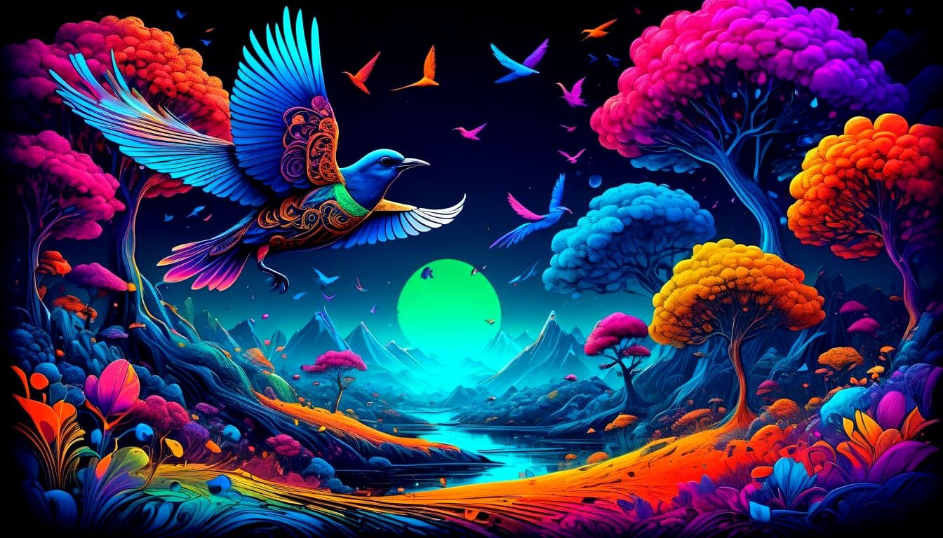 Fantastical Birds in Psychedelic Ink Splash Art