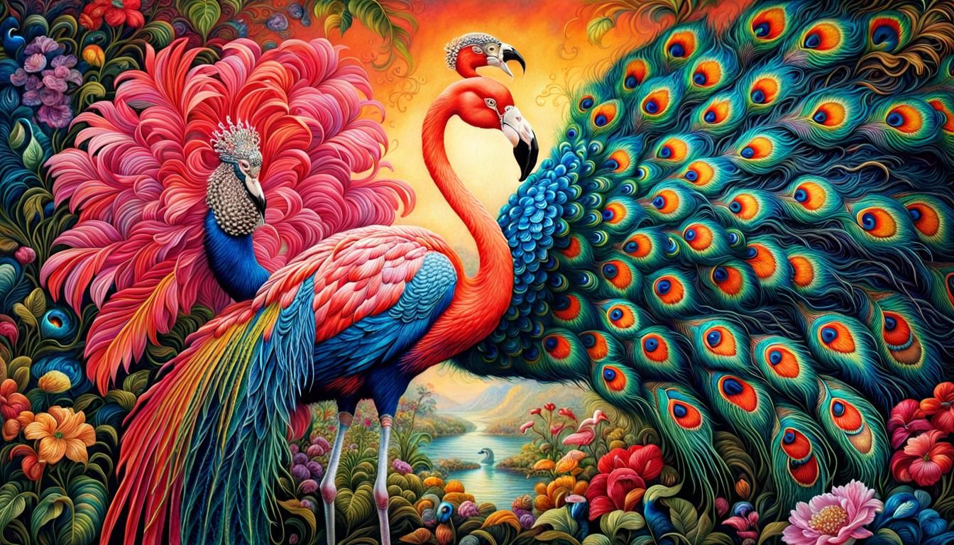 Flamingo Peacock Embroidery in Josephine Wall Style