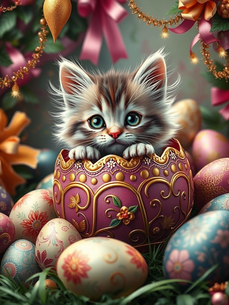 Whimsical Kitten Emerges from a Vibrant Easter Egg Wonderlan...