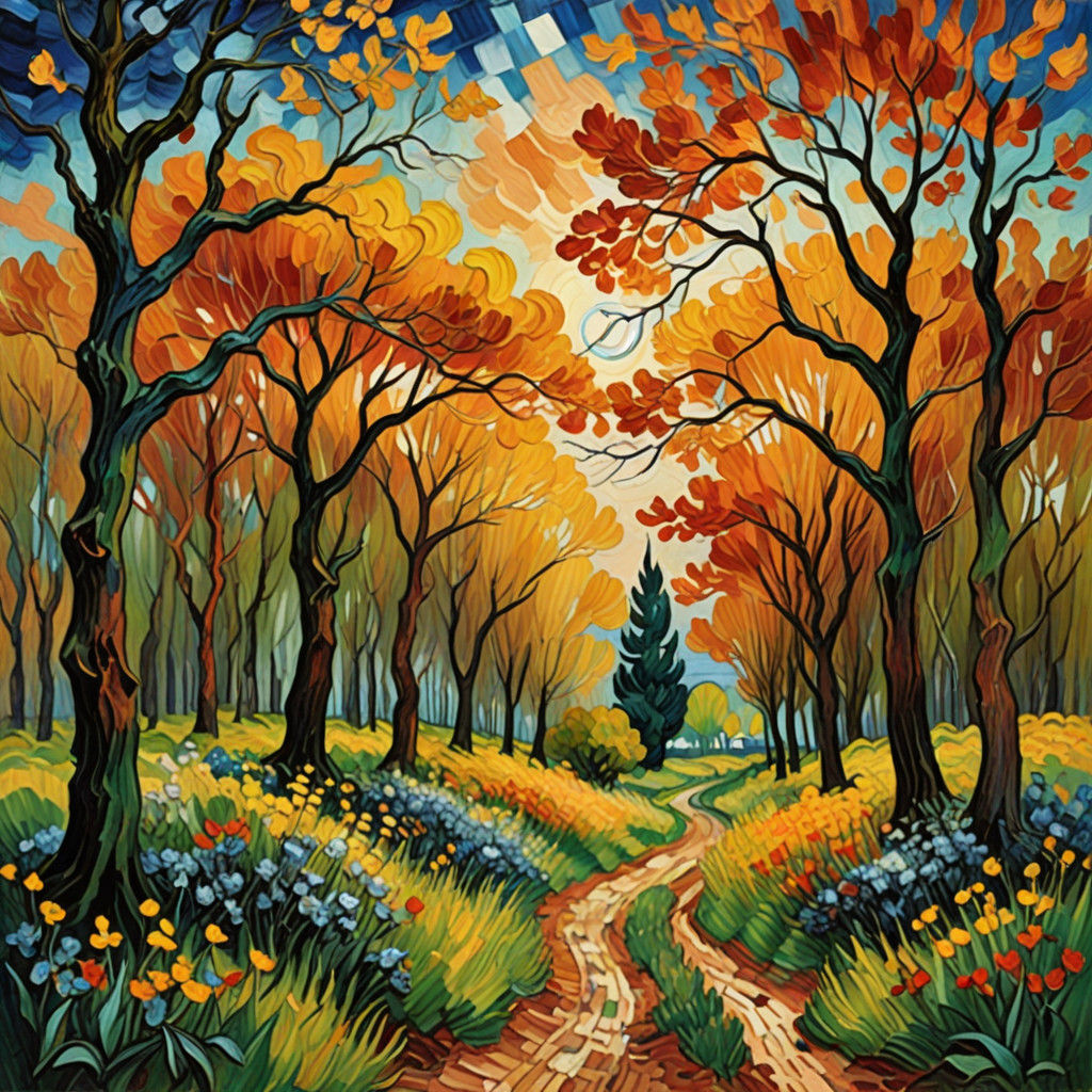 Neo-Impressionist Landscape with Vibrant Flora and Textured...