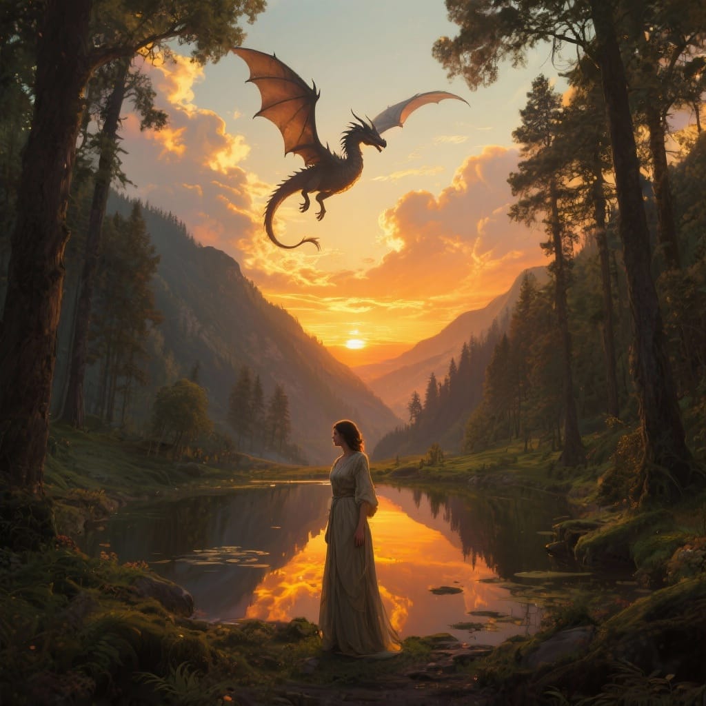 Dragon Silhouette Soaring Over Valley Sunset