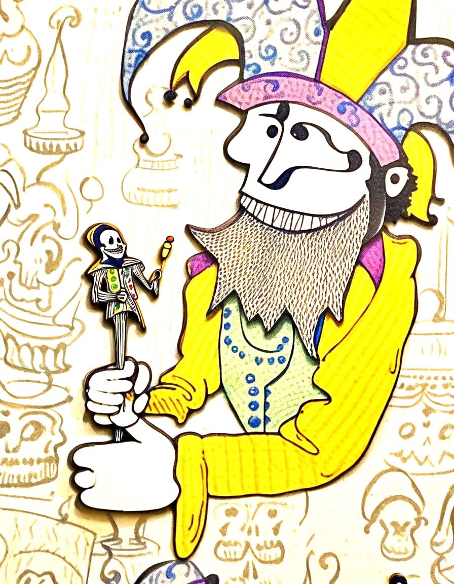 Joker in Profile with Grim Reaper Hand Puppet in Vibrant Pla...