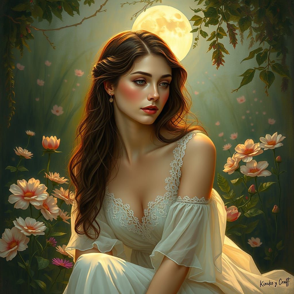 Dreamy Goddess in Moonlit Garden