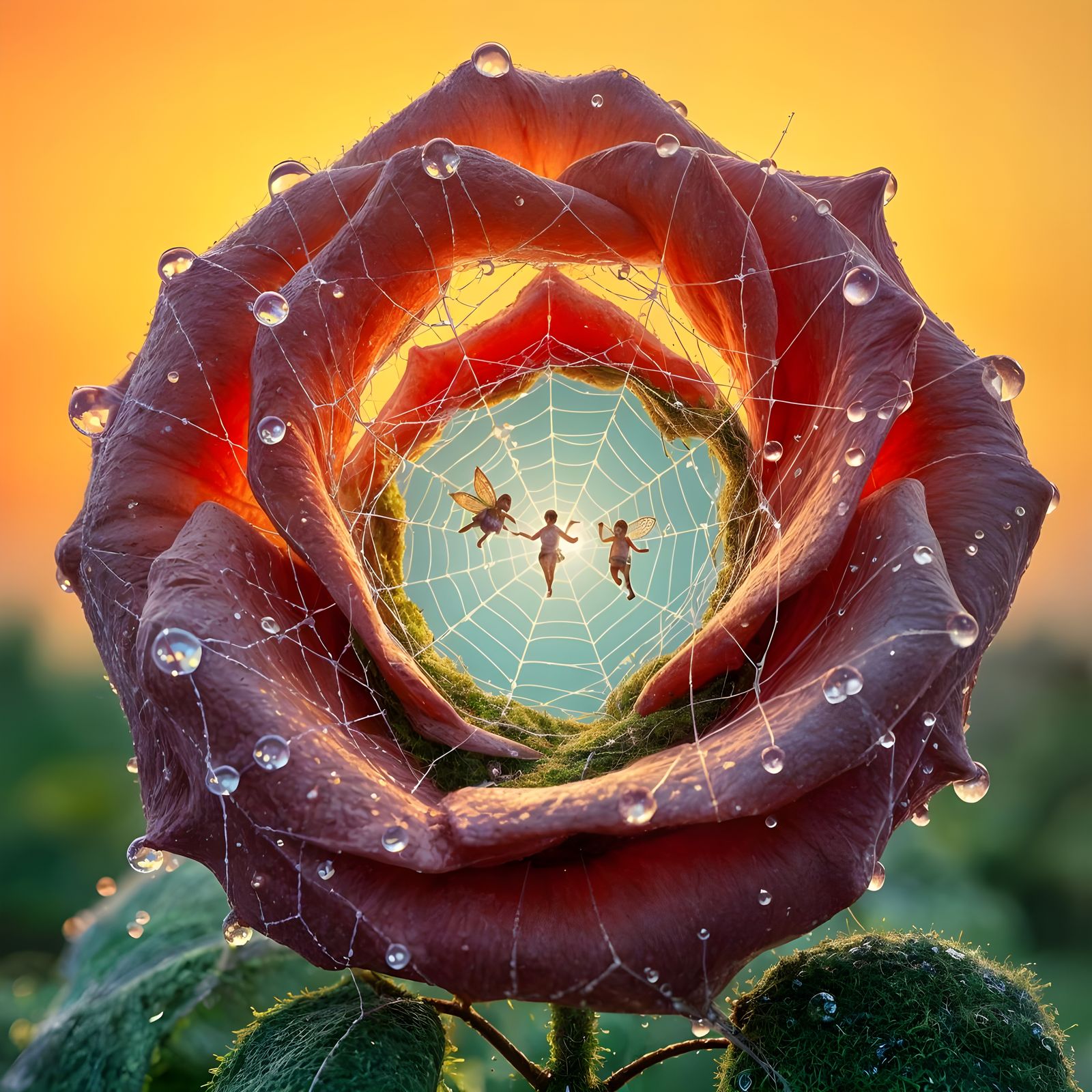 Dew-Kissed Web with Dancing Fairies at Sunrise