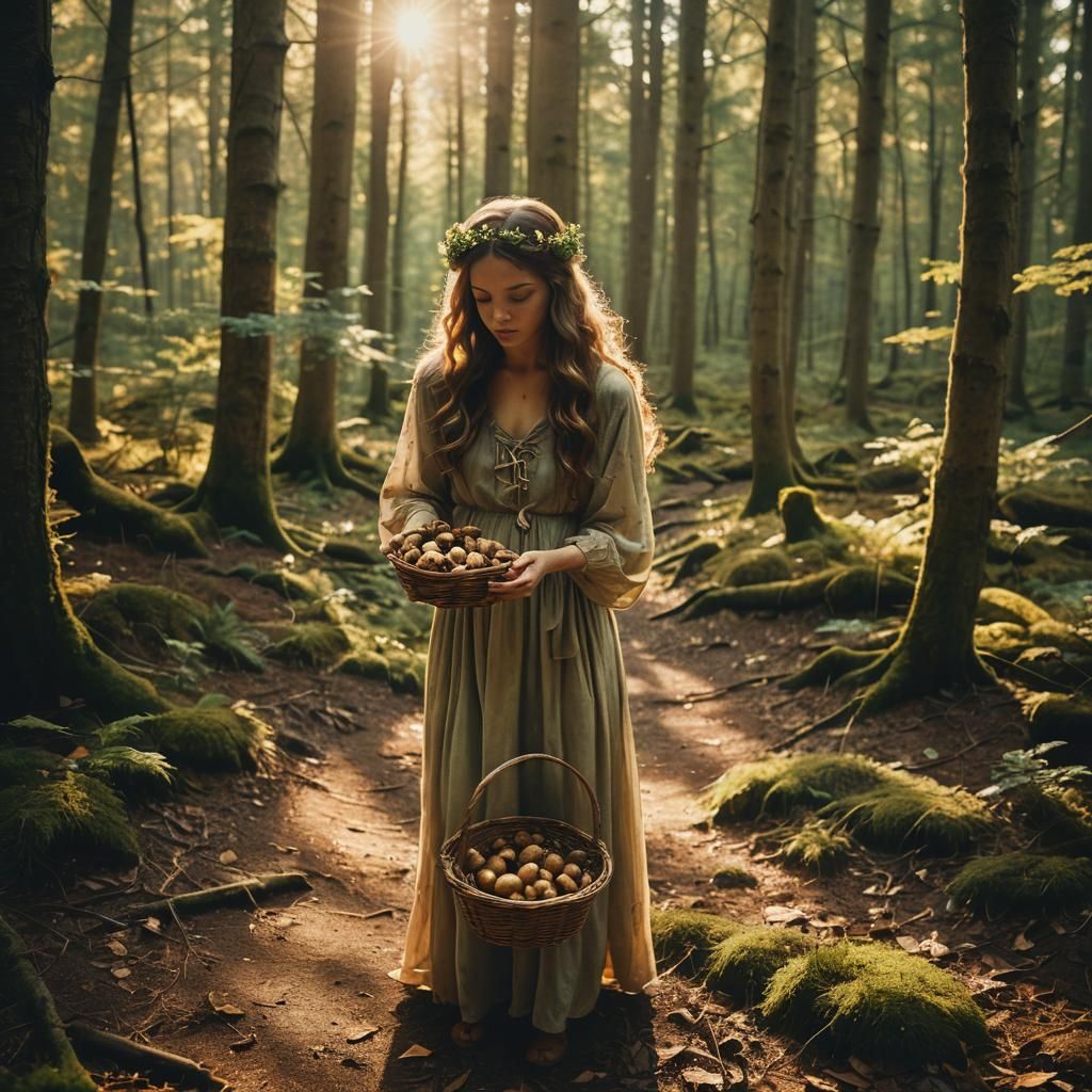 Forest Nymph Gathering Mushrooms in Golden Light