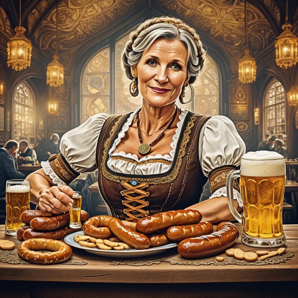 A middle aged beautiful Bavarian woman in a Dirndl, sitting ...