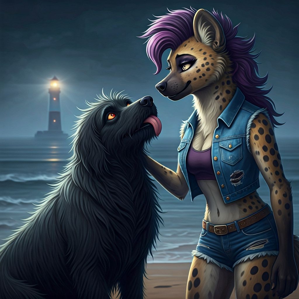 Ethereal Black Dog and Hyena on Foggy Coastline