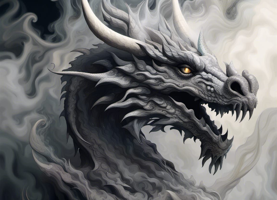 Intricate Smoke Dragon in Ash-Filled Cave