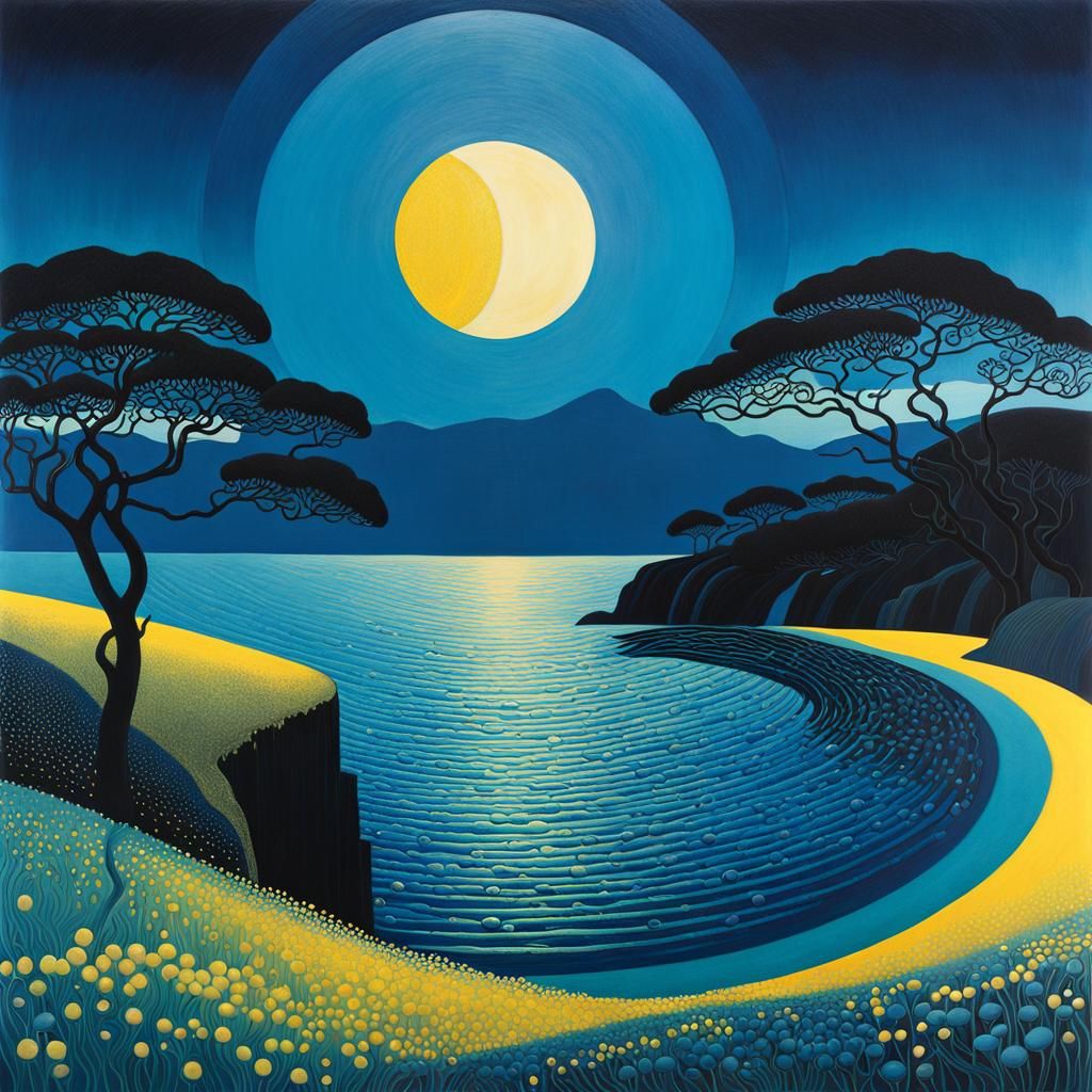 Surreal Moonscape at Dawn in Klimt Style