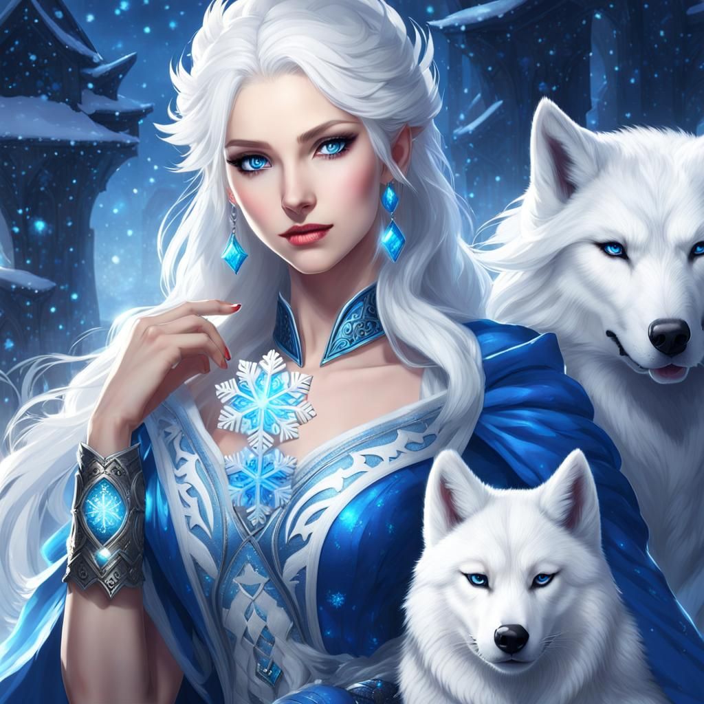 Ice Mage with White Wolf and Snowflake