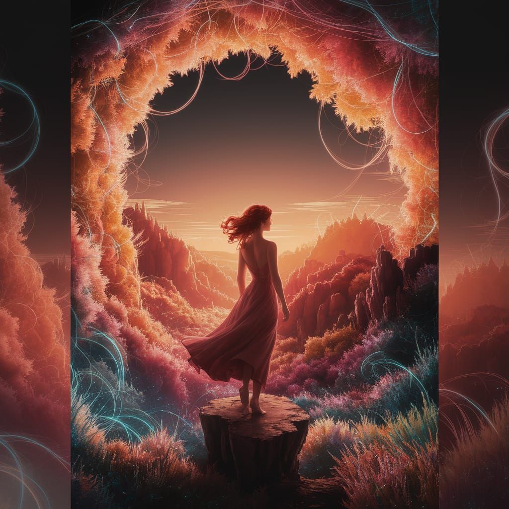 Woman in Golden Hour Dreamscape Overlooking Luminous Valley