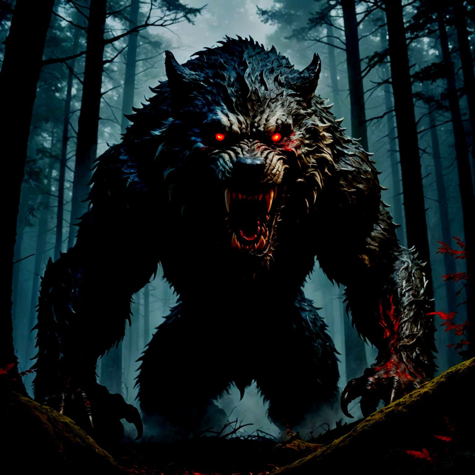 Terrifying White Werewolf in a Foggy Forest