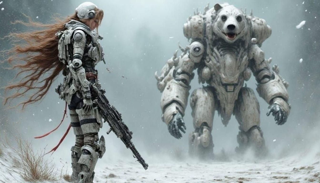 Cyberpunk Warrior Woman in Snowy Ruins with Polar Bear-Human...