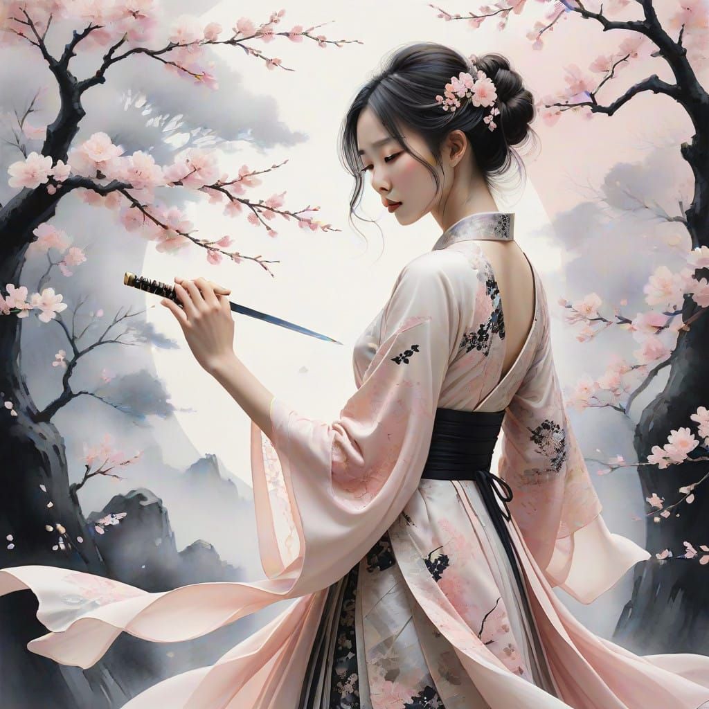 Elegant Warrior Surrounded by Whimsical Cherry Blossoms