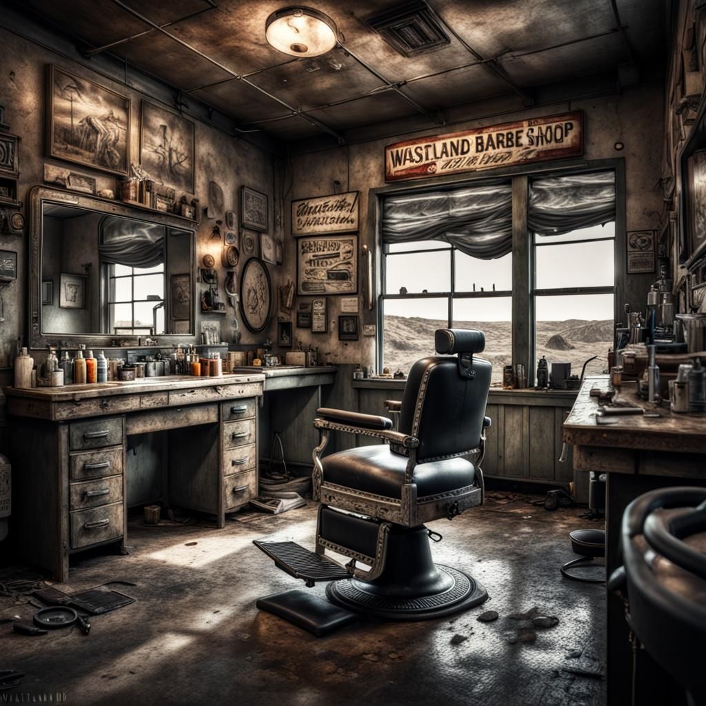 Hyperrealistic Wasteland Barber Shop in HDR