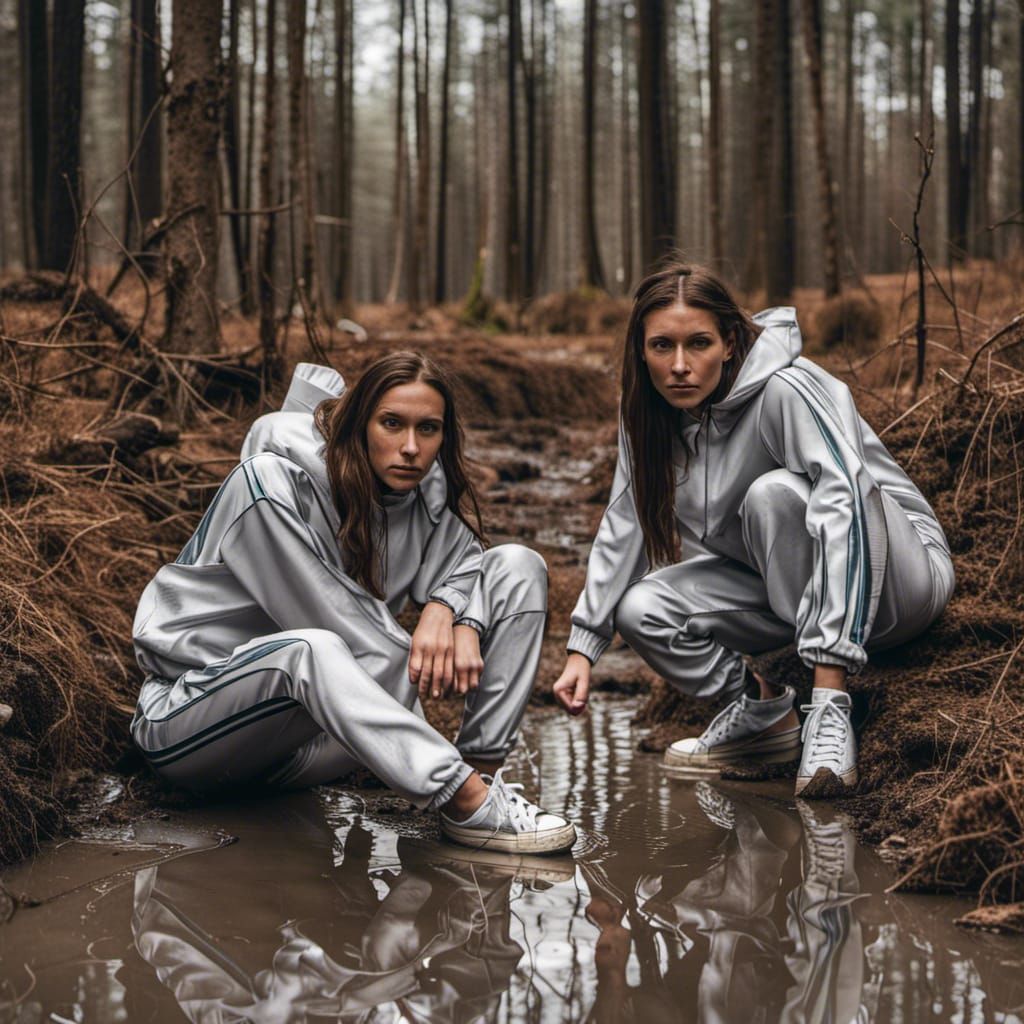 Girls in Tracksuits Wallowing in Muddy Forest