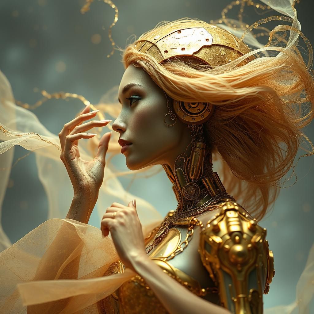 Ethereal Figures with Gold Foil in Dreamlike Multiverse