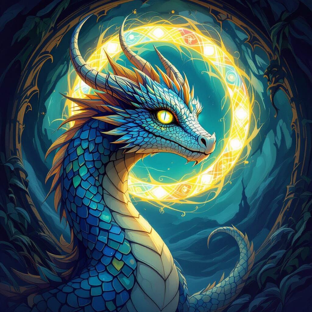 Hypnotized Dragon with Luminous Eye Rings in Art Nouveau Sty...