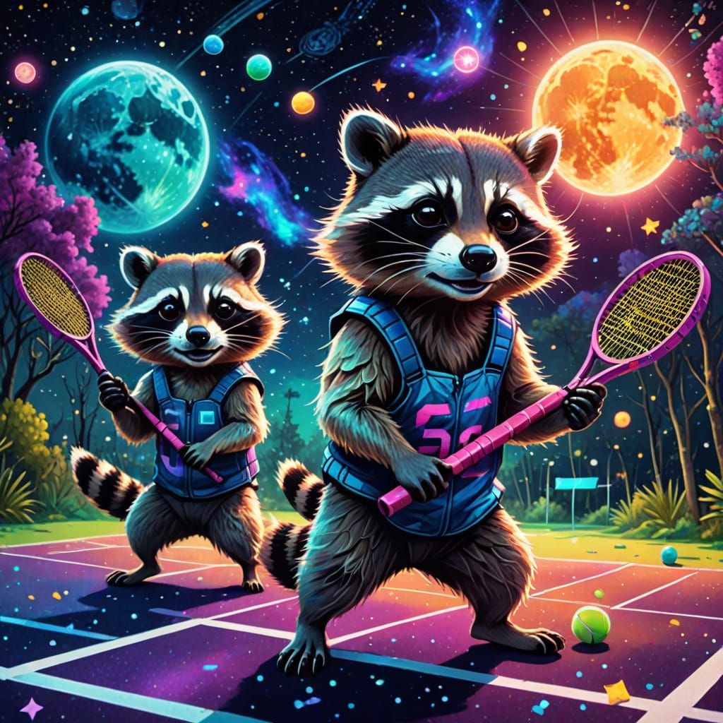 Raccoons Play Tennis in Dreamlike Cosmic Illustration
