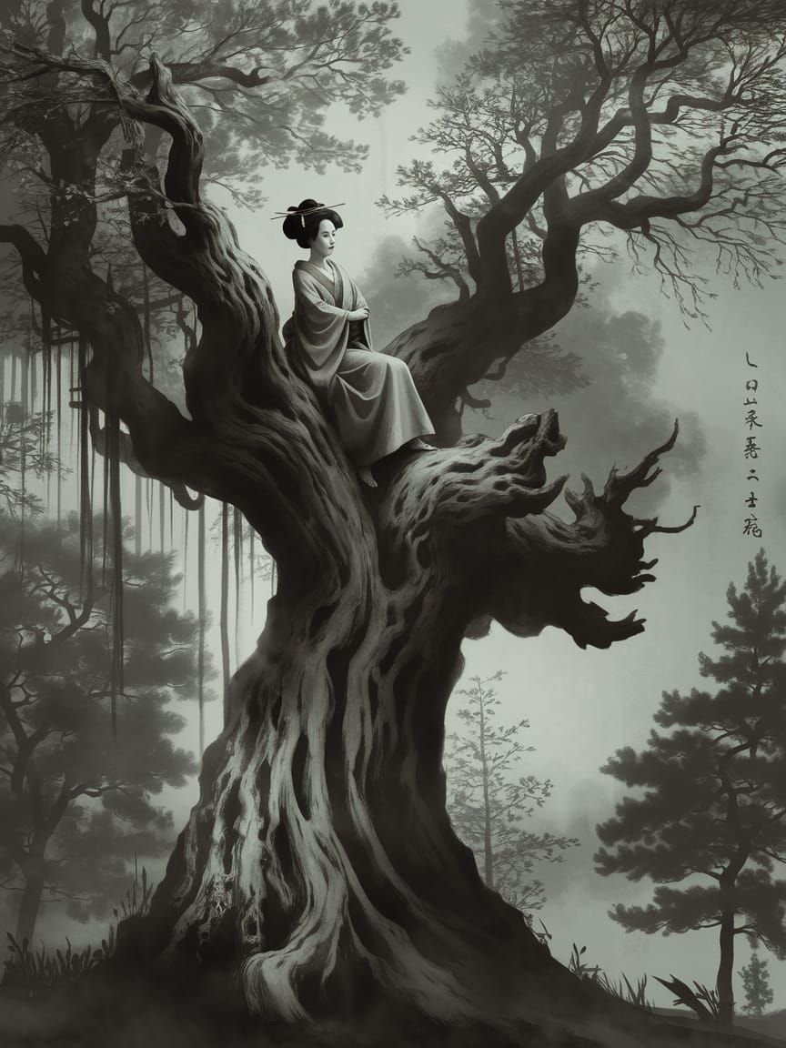 A solitary geisha perched upon an ancient, gnarled branch in a mist-wreathed forest, rendered in the traditional Japanes...