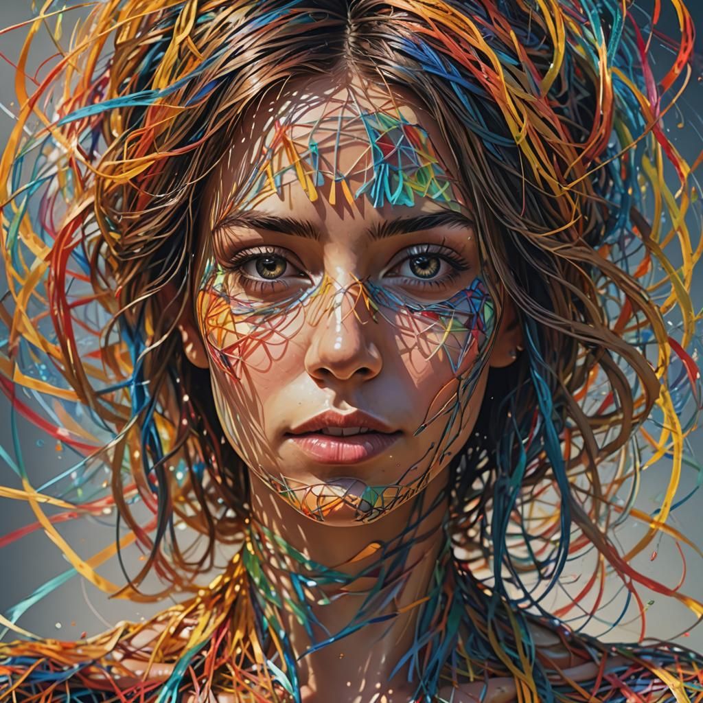 Hyperrealistic Splash Art of Woman with Iridescent Threads