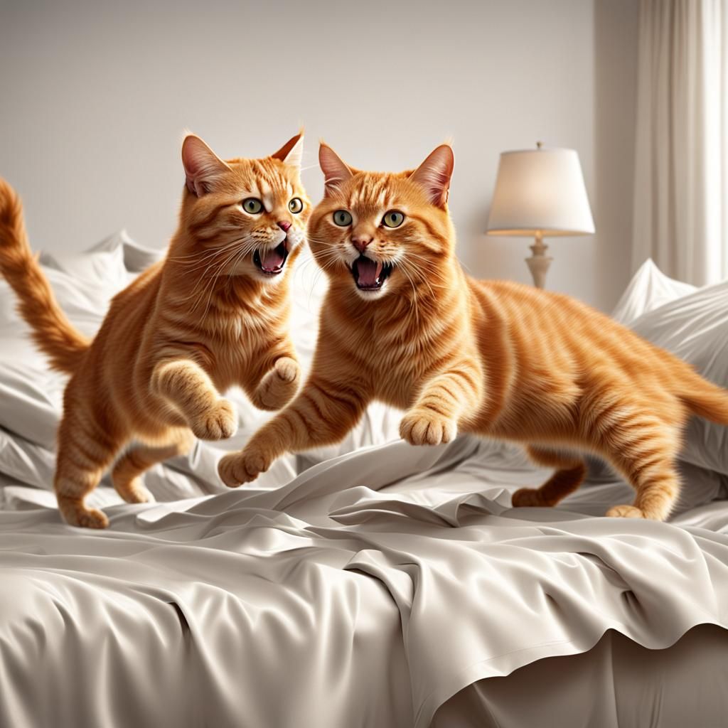 Ginger Cats Playfully Stripping Bed Sheets